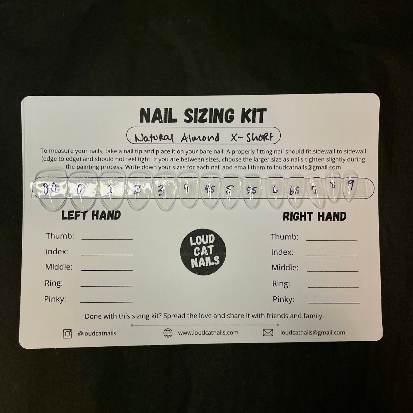 Almond x-short sizing kit